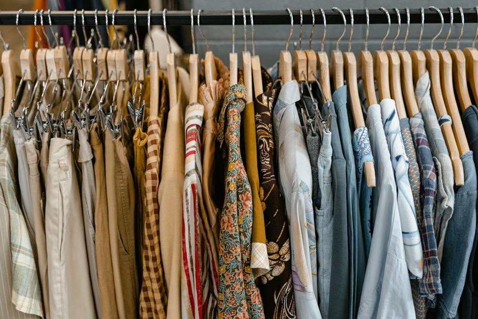 A colorful assortment of vintage clothing items on a rack